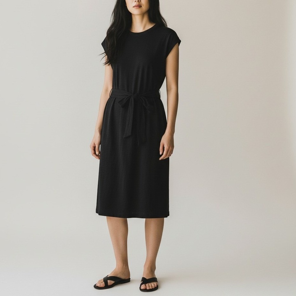 J.Crew Black Slub Cotton Tie-Waist Midi Dress BI142 Womens Small Minimalist LBD